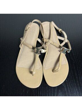TORY BURCH Womens Size 9.5M Beige/Tan Patent Leather Flat Thong Strappy Sandals